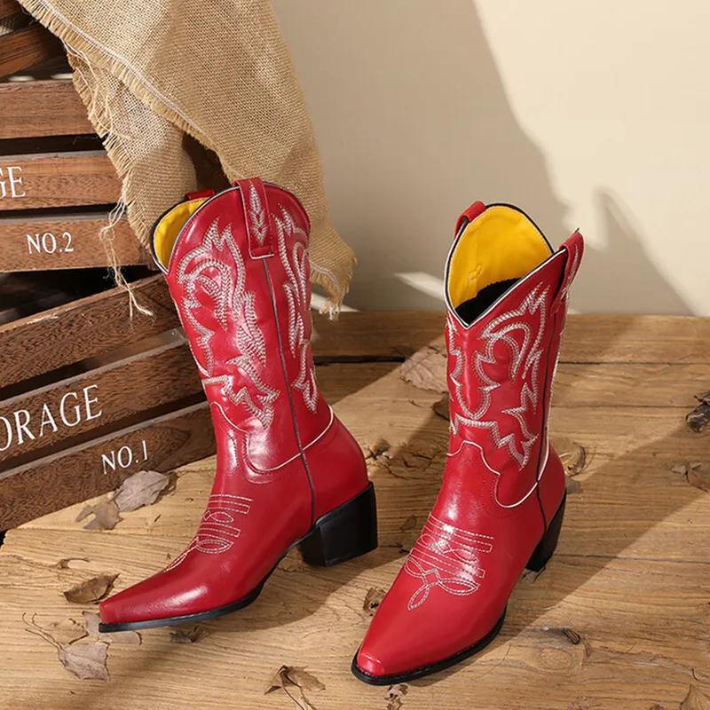 Bonjomarisa Cowgirl Women Boots Western Boots Cowboy Mid Barrie Boot Chunky Bordado Medio Bordado Botas Capticales Casco Mujeres 22085134517