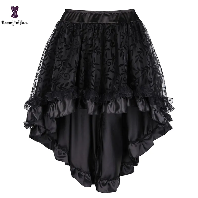 Plus Storlek Victorian Asymmetrisk Ruffled Satin Lace Trim Gothic Skirt Corset Vintage Steampunk 937 # 220401