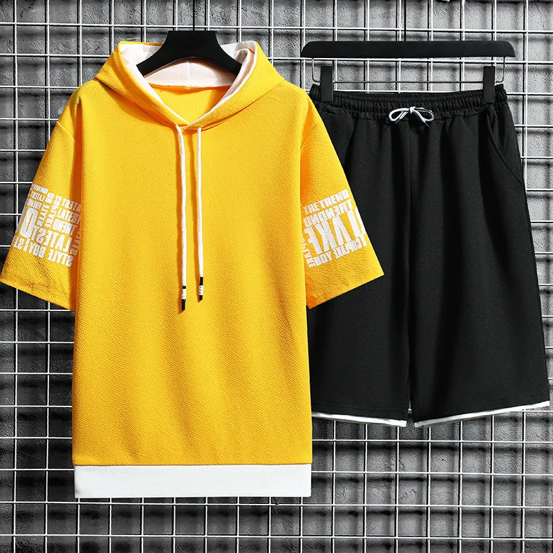 Casual Men Short Sleeved Sets Summer Mens Harajuku Hooded Tshirt Shorts Fashion Printing Suit Mens Clothing 220602