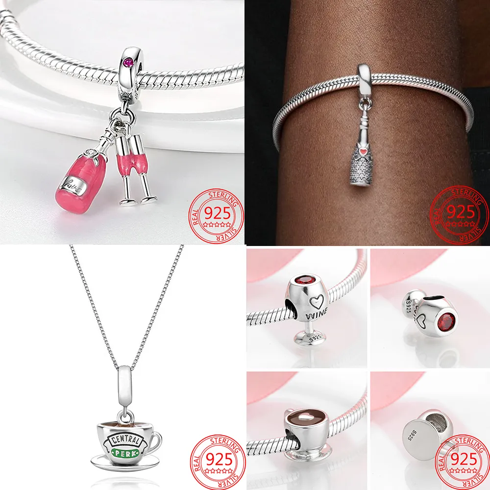 Nuovo popolare fascino in argento sterling 100% 925 con smalto rosso bottiglia di vino spumante bracciali Pandora Regali di compleanno Accessori moda donna