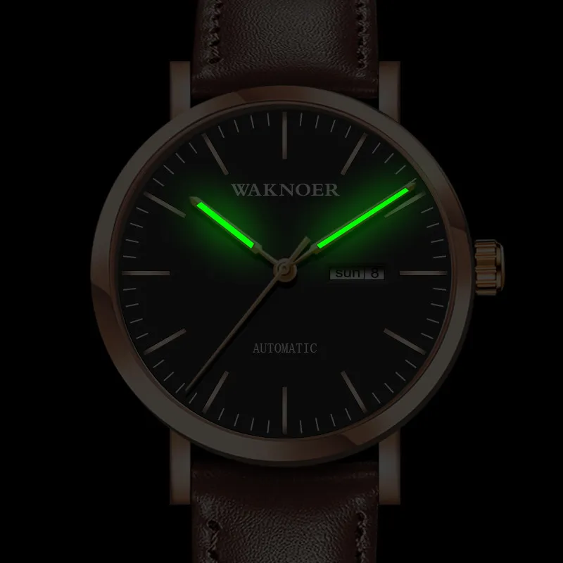 WAKNOER Luminous männer automatische mechanische sport uhren automatischeTop Marke Luxus Armbanduhren Einfache design herren Leder reloj