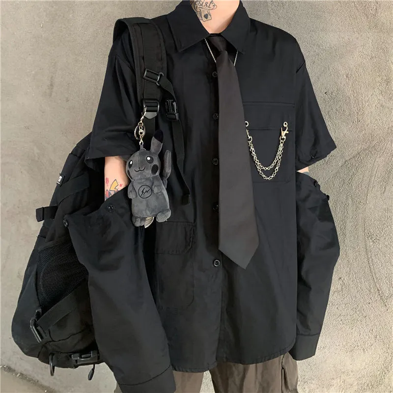 Houzhou grå skjortor kvinnor harajuku löstagbar ärm överdimensionerad bf gotisk blus med slips vintage streetwear punk höstskjorta 220725
