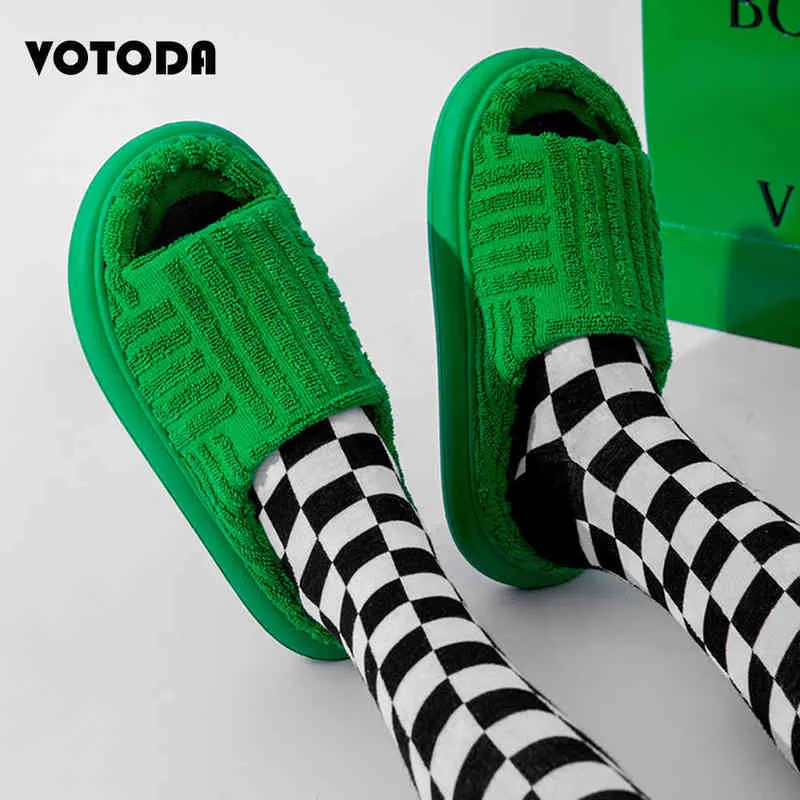 Luxury Brand Peep Toe Thick Sole Women Slippers Green Corduroy Flat Outdoor Ladies Slides Summer Autumn Furry Flip Flops Women W220412