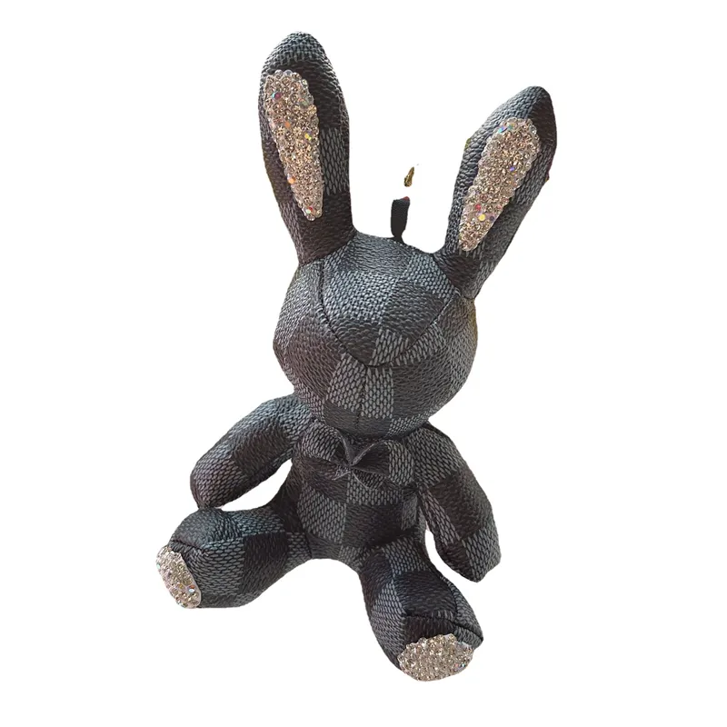 Animal Rabbit Keyrings PU Leather Luxury Rhinestone Key Chains Rings Jewelry Fashion Black Brown Flower Plaid Design Pendant Bag C296t