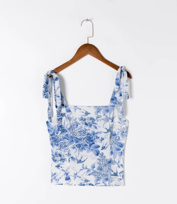 Dostosuj Pasek Bow Blue Floral Print Camis Women Summed Ruched Short Tank Tops Retro Cool Girl Sexy Slim Top Tees 220331