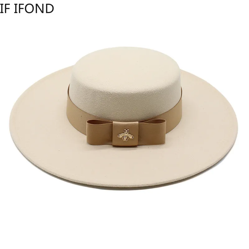 Automne hiver dames françaises blanc Bownot haut plat Fedora chapeau 10CM bord Banquet élégant feutre chapeau robe de mariée casquette 220524287f