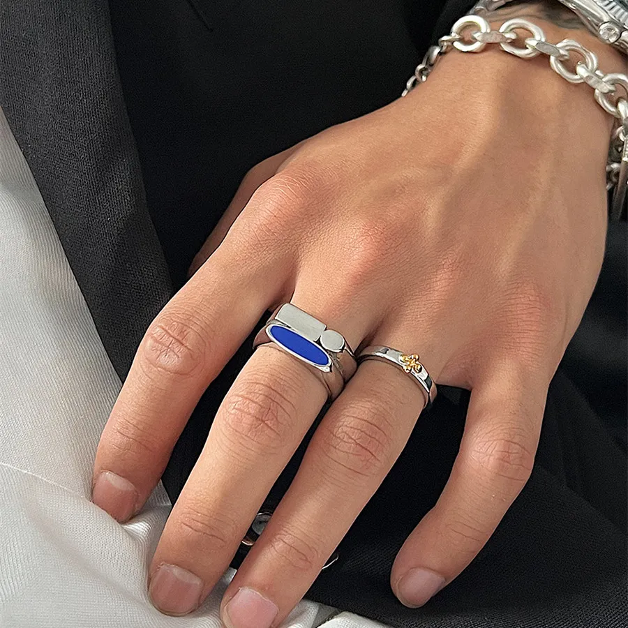 2022ss estilo coreano azul dupla camada irregular anel masculino frio high-end minimalista nicho alta rua titânio aço jóias262s