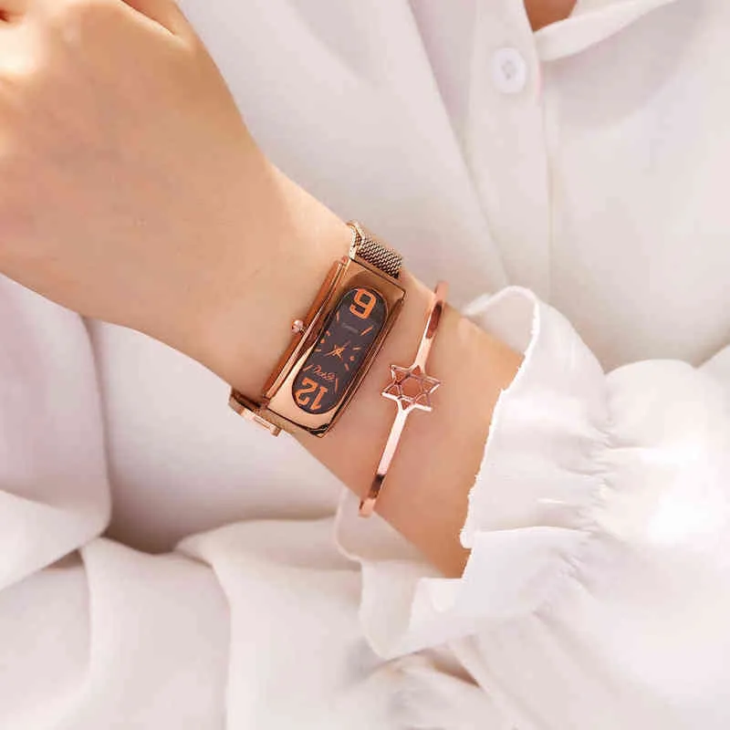 Luxury Rectangle Woman's Bracelet Set Magnetic Mesh Female Wrist Square Dial Lady Designed Clock zegarek damski Y220707