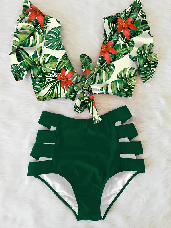 Floral Ruffled Hem Bikini Set Women Flora VNeck HighWaisted Two Piece Swimsuit Girl Beach Bathing Suit Swimwear Biquinis 220527