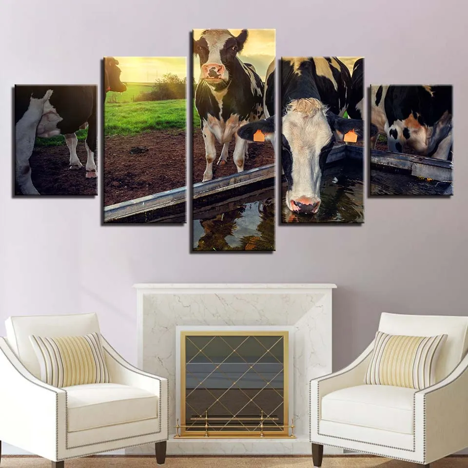 モジュラーキャンバスHDプリント牛の牧草地の牧草地ポスター家の装飾の壁の美しい写真5ピースアート絵画なしフレーム