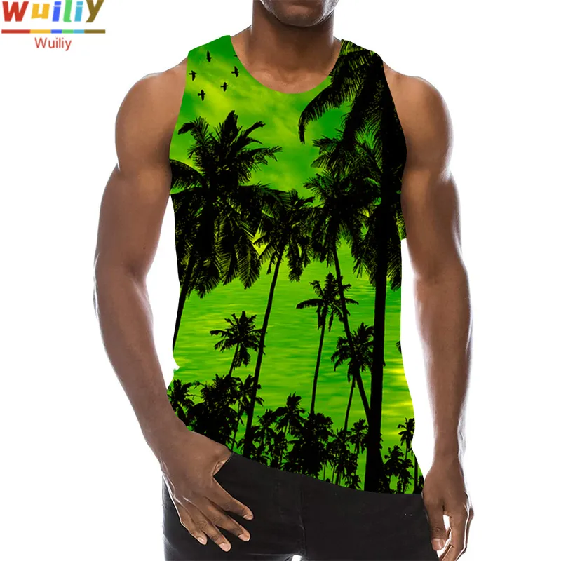 Palmträd grafisk tank top för män 3D-tryck ärmlös strandhampa palmmönster toppar färg väst hawaii färgglad pigment t-shirt 220505
