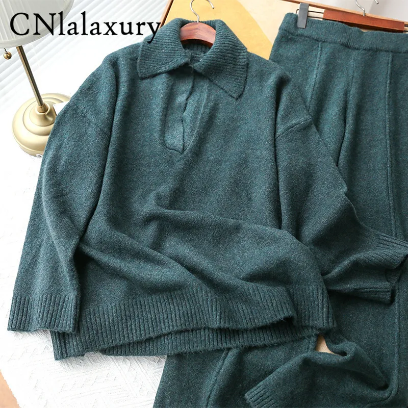 CNlalaxury Women's Knitted Suit Winter Tracksuit Warm Sweater Pants Two-piece Set Autumn Casual Outfit Pullover Trouser 220315