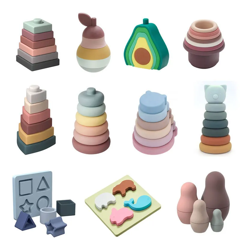 1 Juego de bloques de construcción suaves, juguete apilable de silicona para bebés, mordedores de goma de construcción de forma redonda Montessori 220715