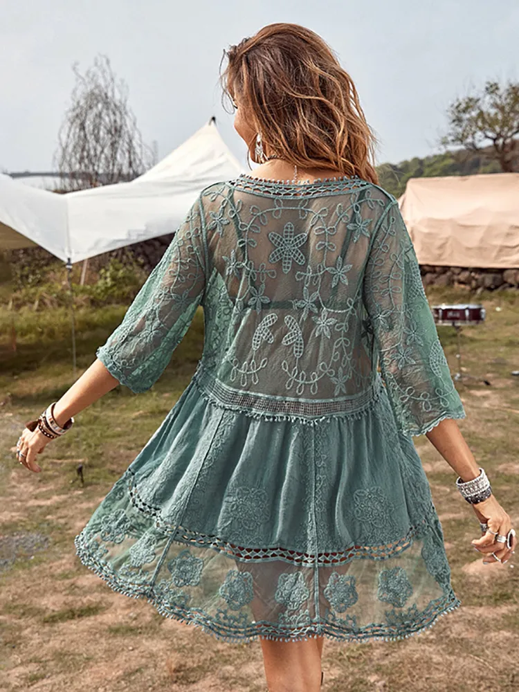 Deep V Neck Boho Beach Outing Sheer Sexy Lace Tunic Pareo Swimwear Summer Vintage Short Dress Holiday Cover Up 220707