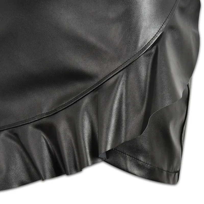 Kobiety Vintage Ruffles Nieregularne spódnica Sexy PU Leather Party S Solid Bodycon Ołówek Mini Kobieta Faux D30 220322