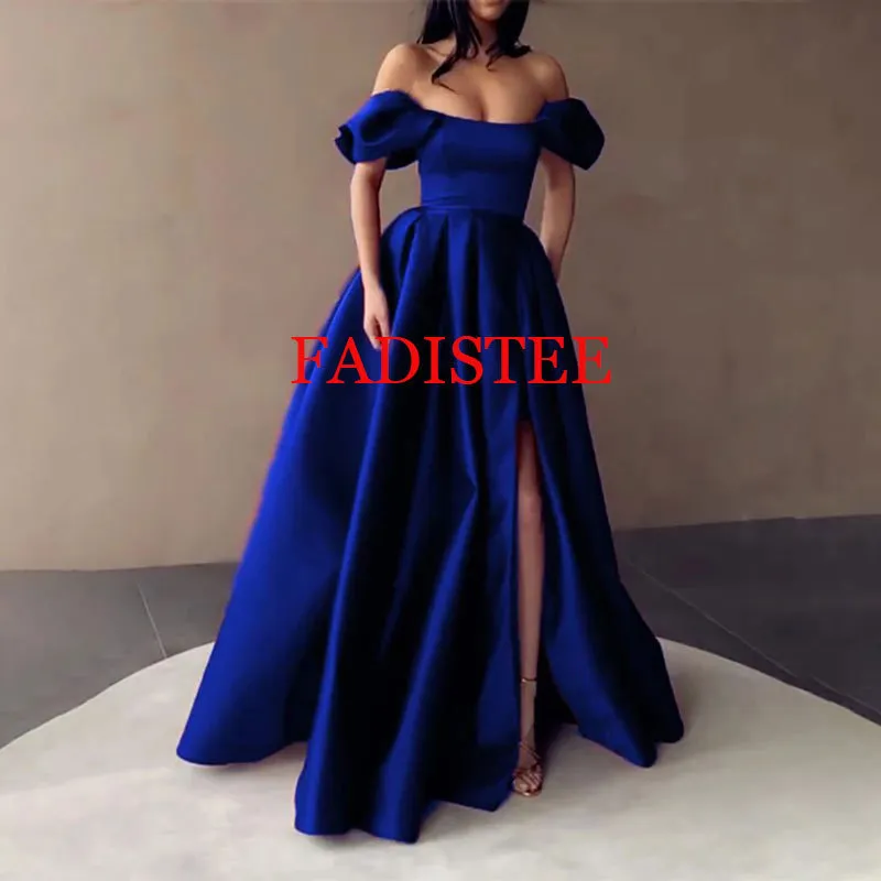 Vestidos de fiesta de satén azul real sin tirantes con hombros descubiertos vestidos de noche divididos vestidos formales largos plisados ALine 220705
