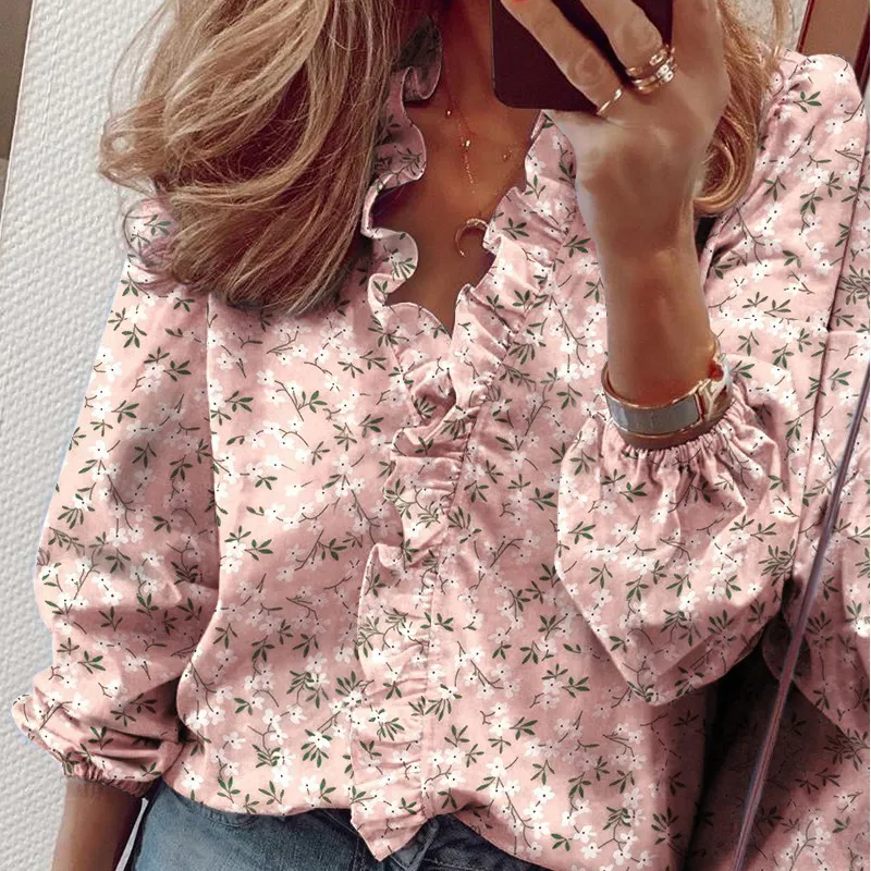 Spring Chiffon Ruffle Shirt Plus Size 4XL 5XL Bluses Floral Long Sleeve Loose Female White Clothing Blusas182 220707