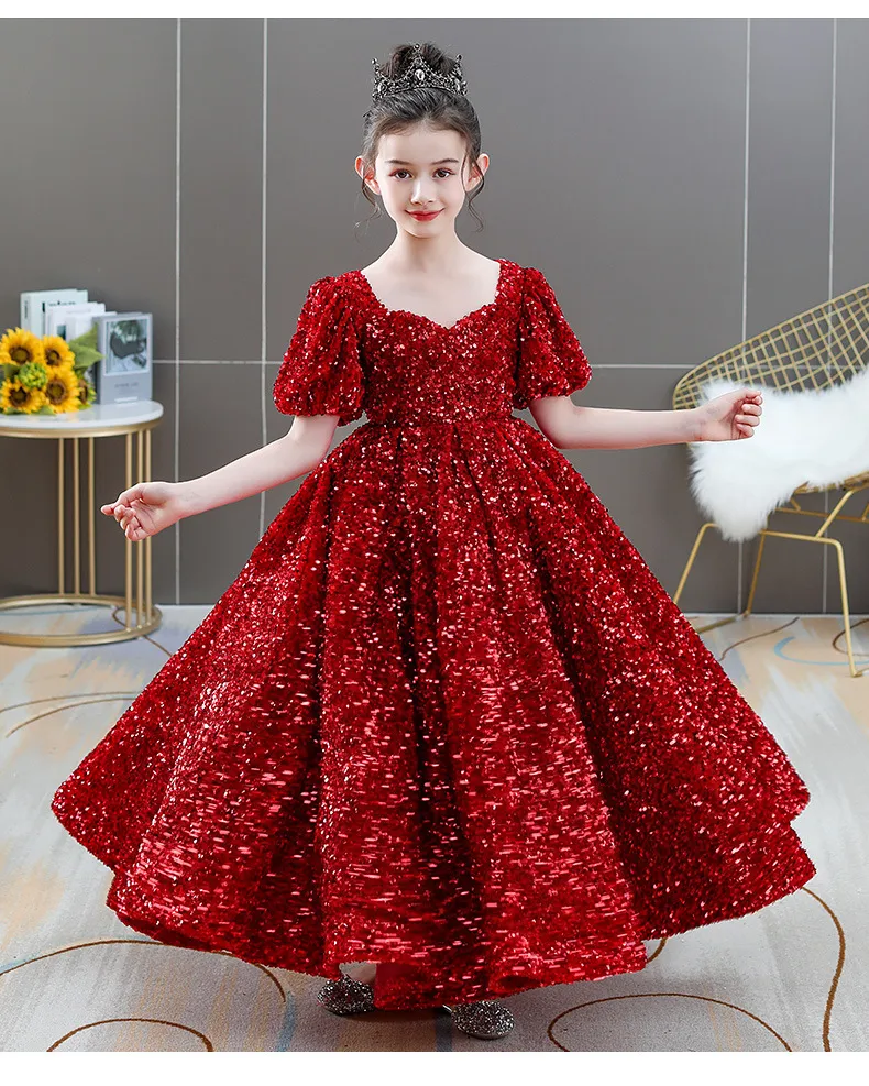 キラキラした2022年の花の女の子のドレスクルーボールガウンビンテージチャイルドページェントドレス