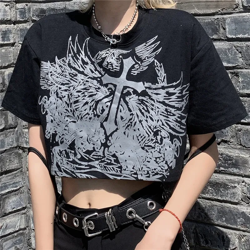 숙녀 T 셔츠하라 주쿠 프린트 크롭 탑 블랙 티셔츠 스트리트웨어 섹시한 여성 캐주얼 티 여자 Tshirts 220602