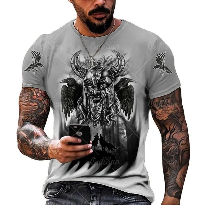 Viking Sembol Dövme Raven 3d Baskılı Erkekler Tshirts Harajuku Moda Kısa Kol Tshirt Yaz Gevşek Sokak Giyim UNISEX Üstler Tee 220607