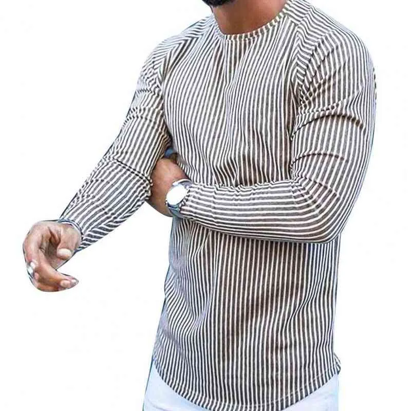 T-shirt långa ärmar smal topp bomullsblandning män rand pläd tryck man tröja för höst män kläder casual streetwear l220730