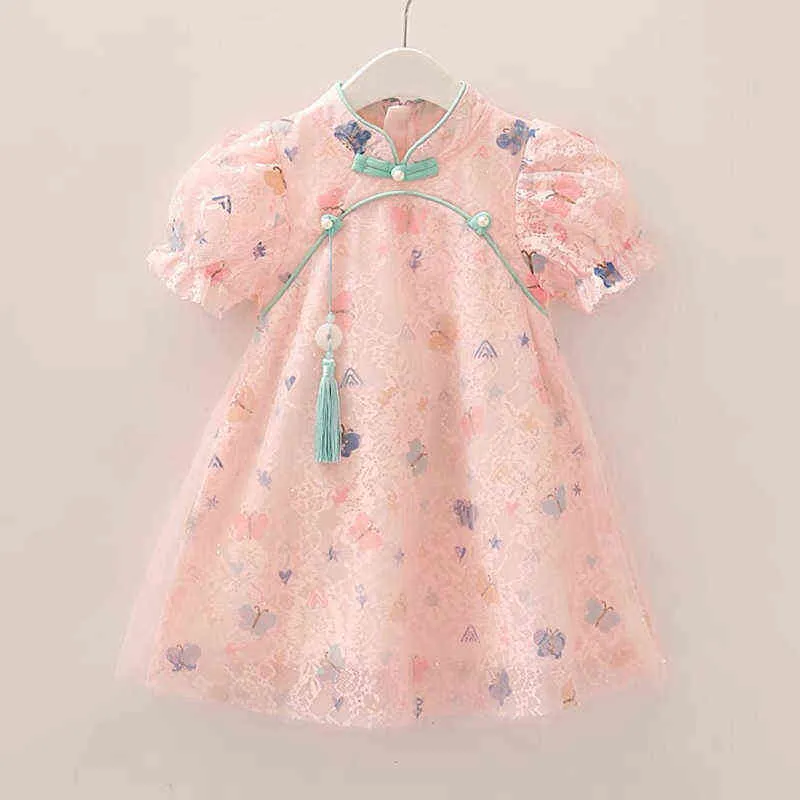Nowy przybył Summer Toddler Ubranie dla dzieci Chińskie sukienka Cheongsam dla dziewcząt dziecko 1 rok Urodziny Księżniczki sukienki G220427