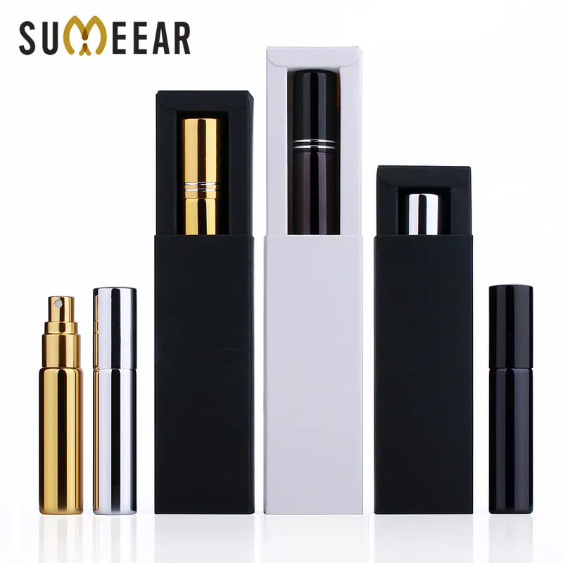 Parfumfles 10 ml met verpakkingsdoos Goud Zilver Zwart Glazen Spuitfles Voorbeeld Clear Glass Flacons Portable Parfums Atomizer 220711