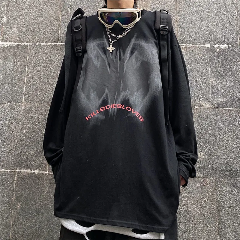 Harajuku Oversize Mannen Lange Mouw T-Shirt Gothic Zwarte Stijl Retro Ulzzang Gezellige Casual Streetwear Baggy Losse Hip Hop BF Tops 220708