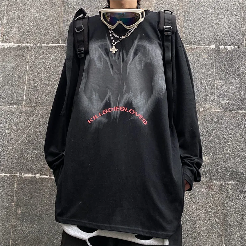 Harajuku Oversize Мужская футболка с длинным рукавом Готический черный стиль Ретро Ulzzang Уютная повседневная уличная одежда Мешковатые свободные топы в стиле хип-хоп BF 220708