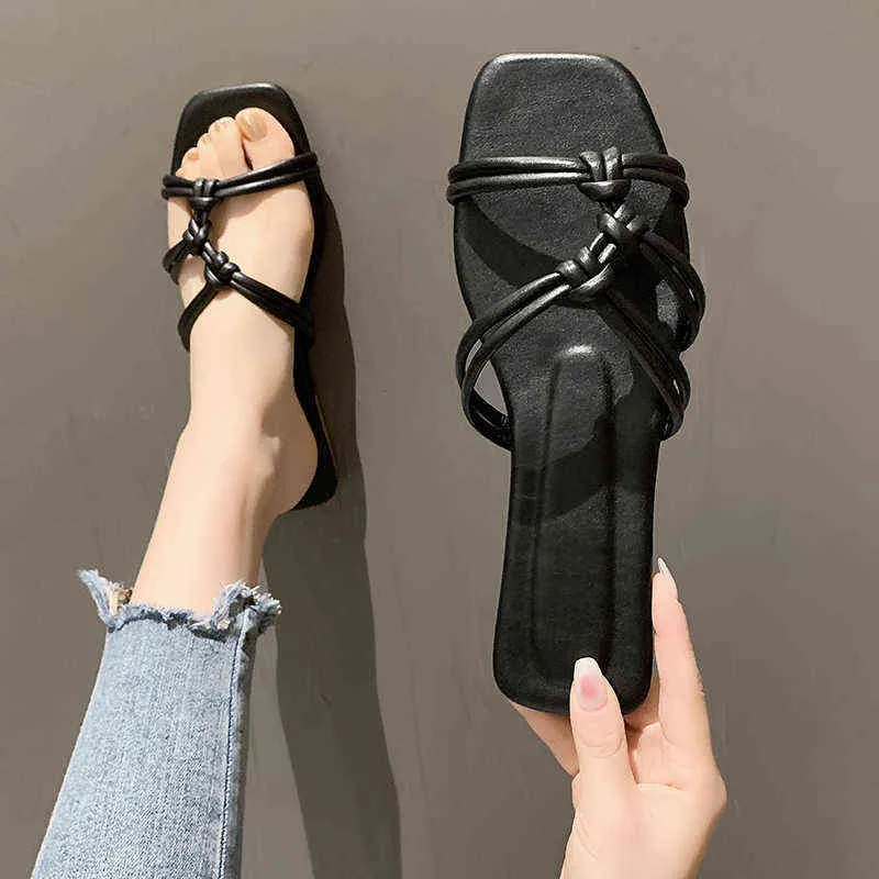 Slippers 2022 Летняя новая квартира для женщин чисто плетеная ручная веревка светло -голубые сандалии большого размера 220516