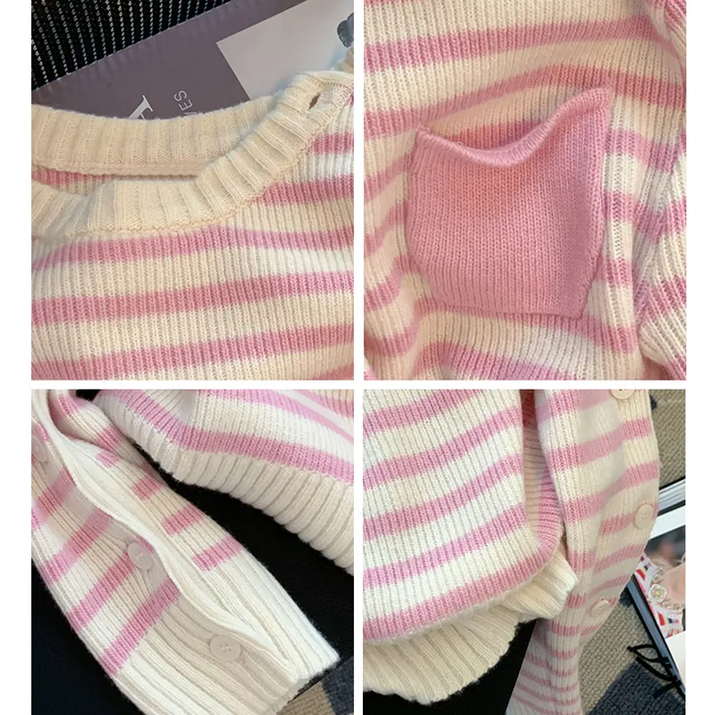 Зимний свитер женской одежды корейская мода свободная розовая полоса экипаж.