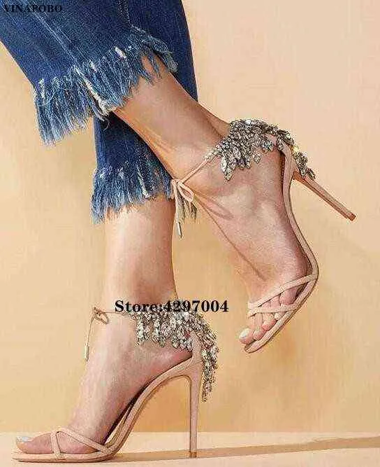 Vinapobo Nouveau Design Cristal Strass Fringe Femmes Sandales Mode Vert Motif En Cuir À Bout Ouvert Talons Aiguilles Dames Shoes220513