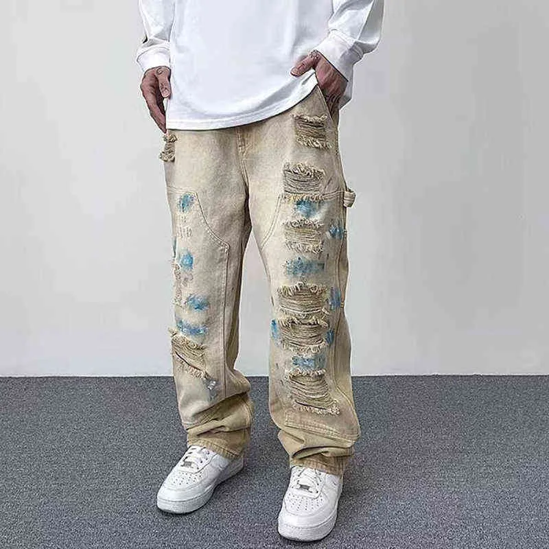 Harajuku desgastado a jato de tinta de buraco pintado de bolsos retos de calça jeans de calças de jeans casuais de rua