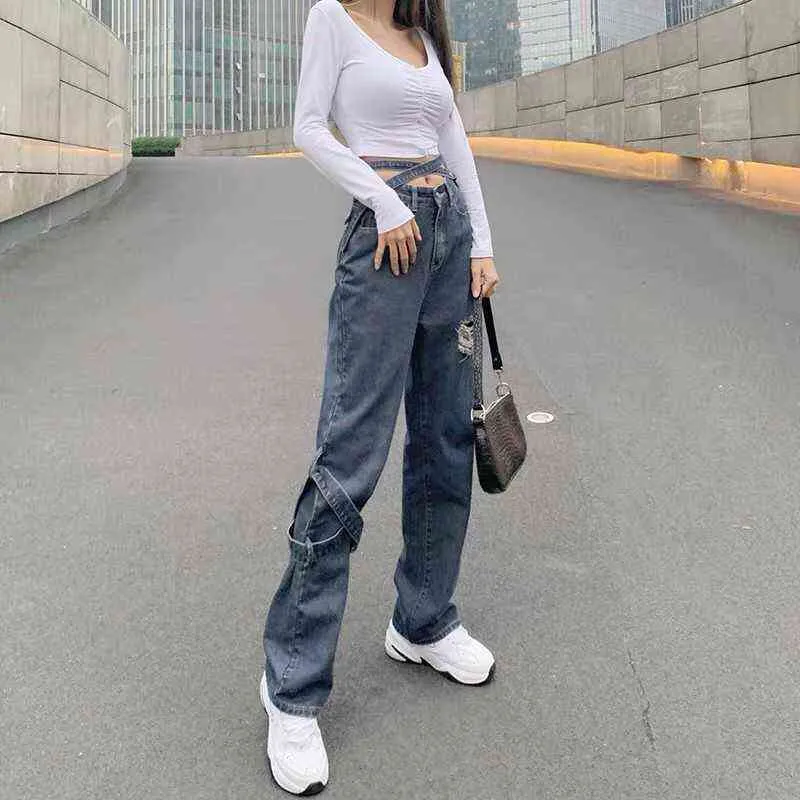 Populära retro rippade jeans kvinnor rakt plus storlek kvinnor byxor sommar hög midja breda byxor design bandbyxor l220726