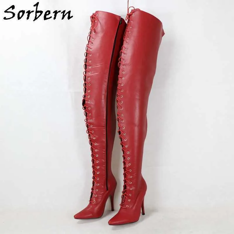 Sorbern Aşırı Uzun Boot Özel 95 cm Kasık Uyluk Yüksek Çizmeler Kadınlar Lace Up 18 cm Stiletto Çizmeler Kişiselleştirilmiş Mil Buzağı Genişliği