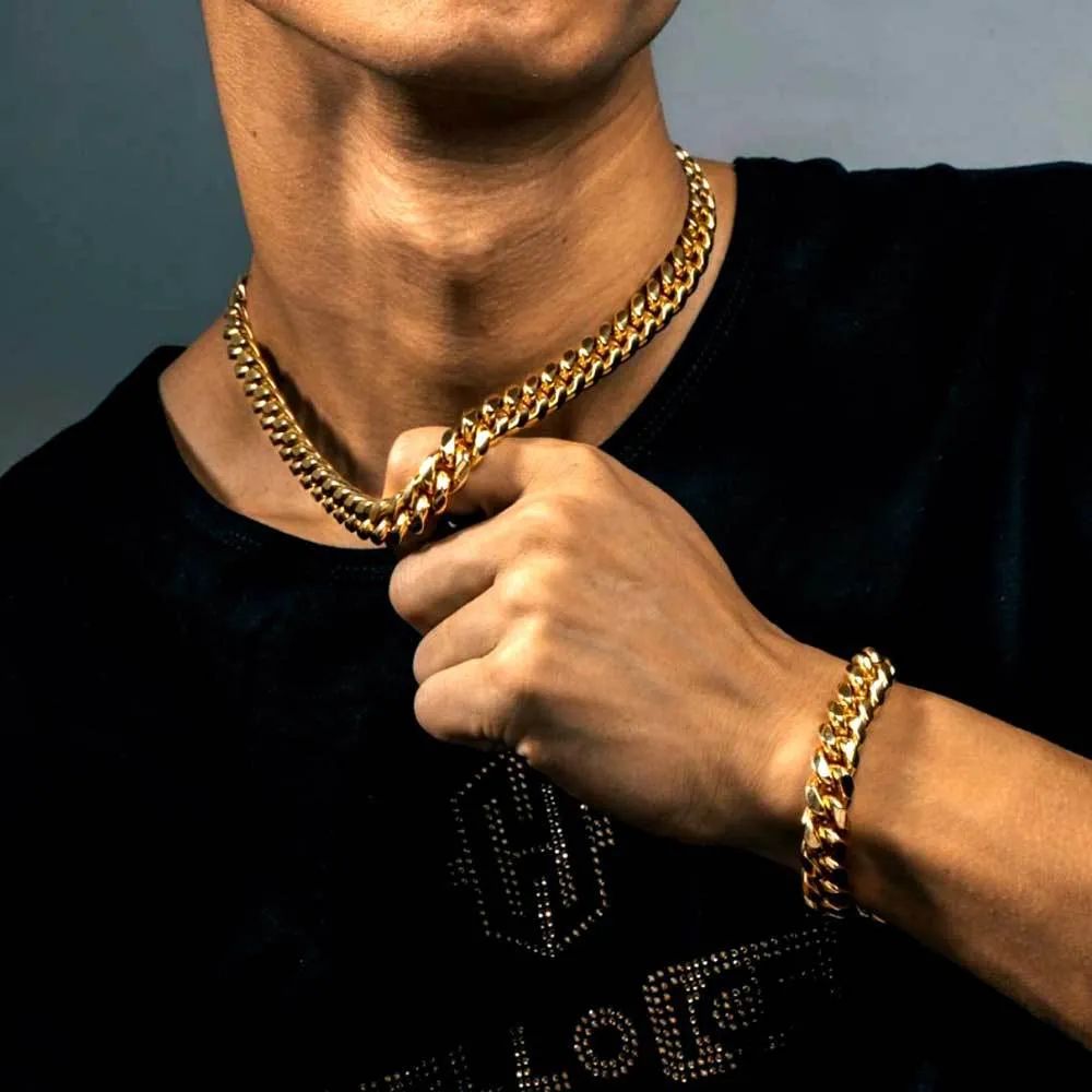 Collar de cadena de eslabones cubanos, conjunto de joyas, collar de Miami de acero inoxidable chapado en oro real de 18 quilates con hebilla de resorte de diseño 327O