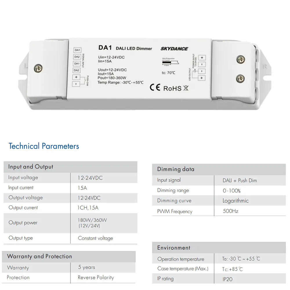 MJJC Dali LED Dimmer 12V DC 24V 1CH 15A PWM Regolatore dimmer digitale Push Switch luce di striscia LED Singolo colore Dimer DA1