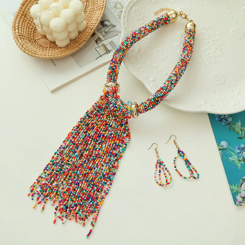 Necklace Set Woman Long Red Tassel Beads Jewelry Sets for Womens Boho Accesories Girls Gifts 220812