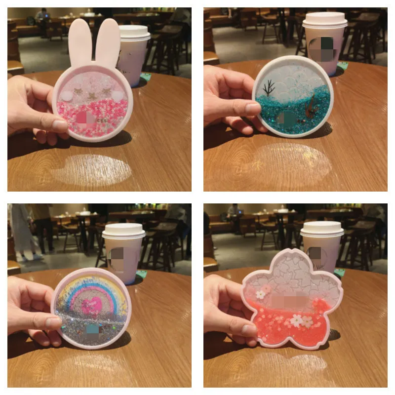 Cherry Blossom Coasters Silicone Quicksand Flash Sakura Placemat Drink Coffee Cup Mat Non Slip Isolation Tea Pad Home Decor 220627
