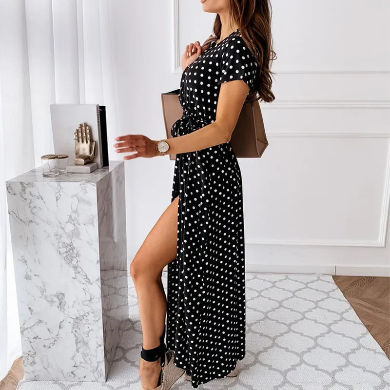 Lady Short Sleeve Bandage Long Casual Feminine Party Dresess V Neck Fashion Sexig Polka Dot Print Loose Bohemian Split Dress 220613