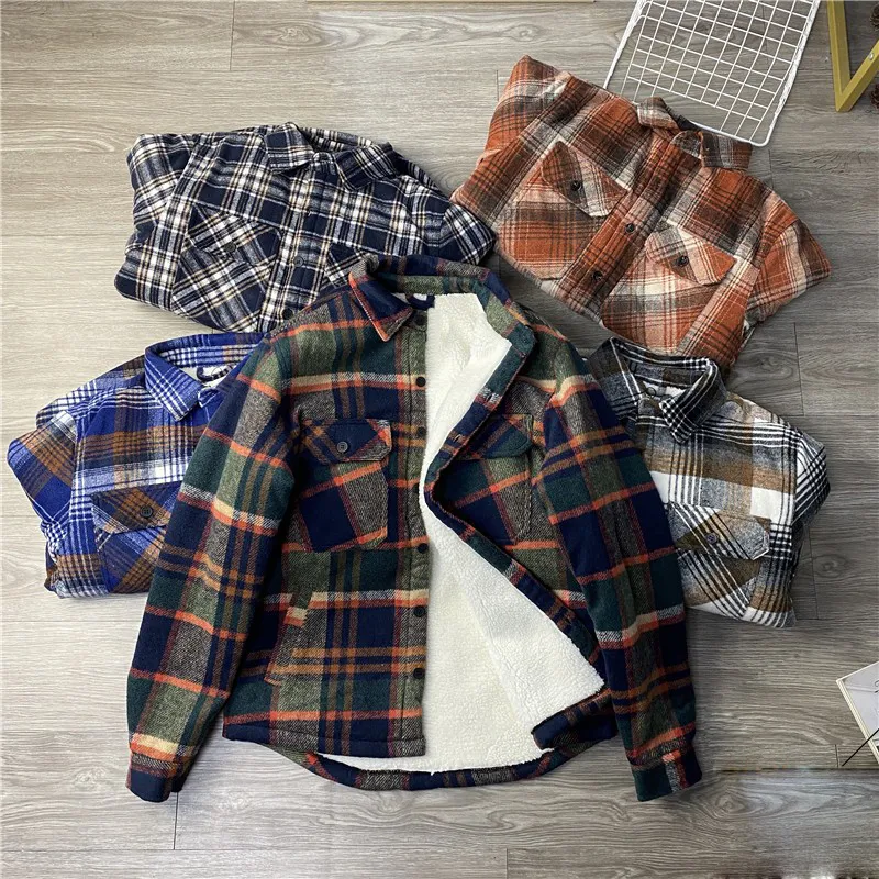 Garaouy Plaid Jacket Mäns Höst Vinter Casual Fleece Lapel Warm Slim Fit Lambull Tjockskjorta All-Match Coats Male 220330