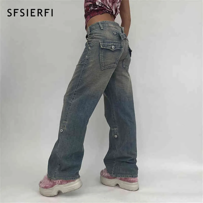 SFSIERFI Ins Style y2k Jeans Street Hipster Vita bassa Tasca stile Harajuku Pantaloni gamba dritta Lavaggio ad acqua Jean Donna Donna Bott T220728