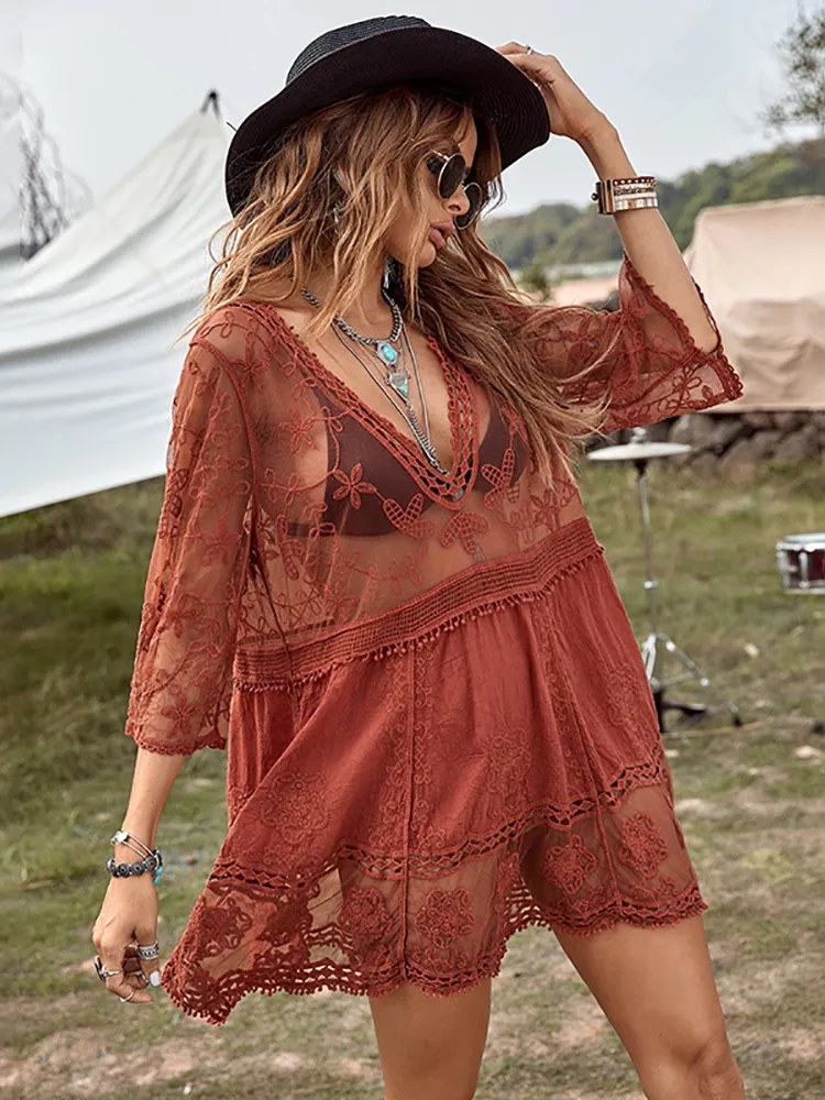 Col en V profond Boho Plage Sortie Sheer Sexy Dentelle Tunique Paréo Maillots De Bain D'été Vintage Robe Courte Vacances Cover Up 220707