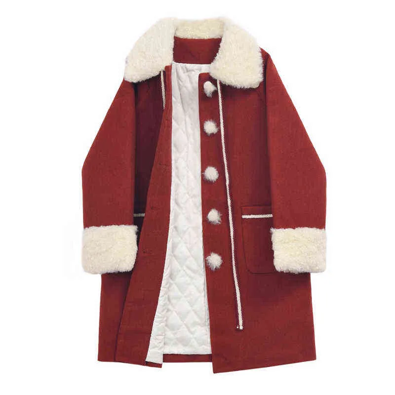 ぬいぐるみウールの布ミッドレングスクリスマスレッドコート女性冬の厚いゆるい膝を保つ温かいコート新年赤L220725