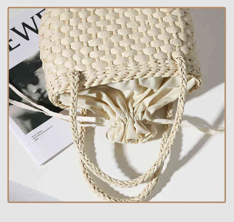 Shoppingväskor Casual Drawstring Straw Basket för kvinnor Böhmen vävda rotting handväska Boho Shopper Shoulder Travel Beach 220412