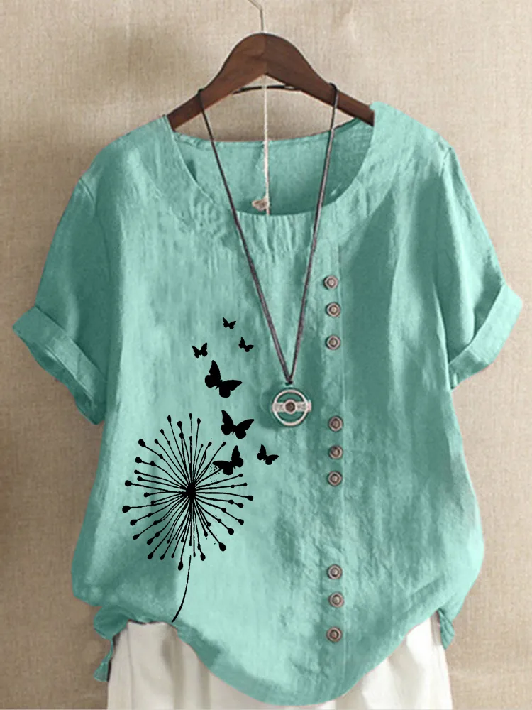 Women s Summer Dandelion Butterfly Printed Short Sleeve Round Neck Tshirt Ladies Casual Linen Shirts Plus Size Tops 220527