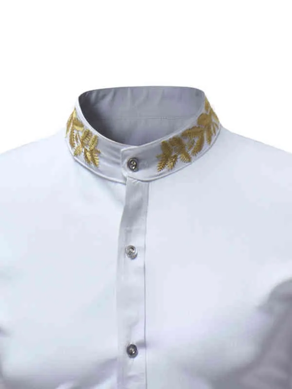 メンズラグジュアリーゴールド刺繍ドレスシャツスリムフィット半袖ボタンアップシャツメンフォーマルビジネスカジュアルシャツケムズホムL220704