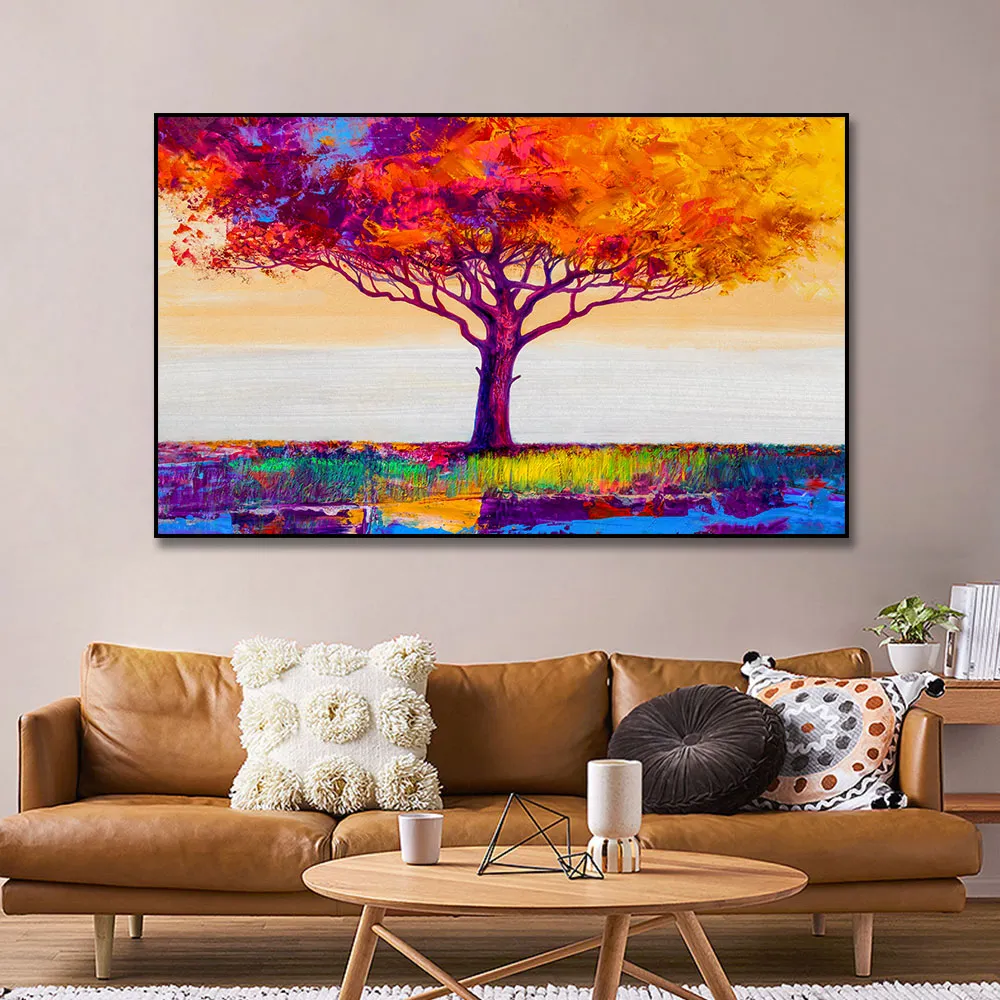 Pintura a óleo de árvore colorida, pintura em tela, pôster impresso, arte de parede nórdica, imagem para sala de estar, decoração de casa, sem moldura7296576