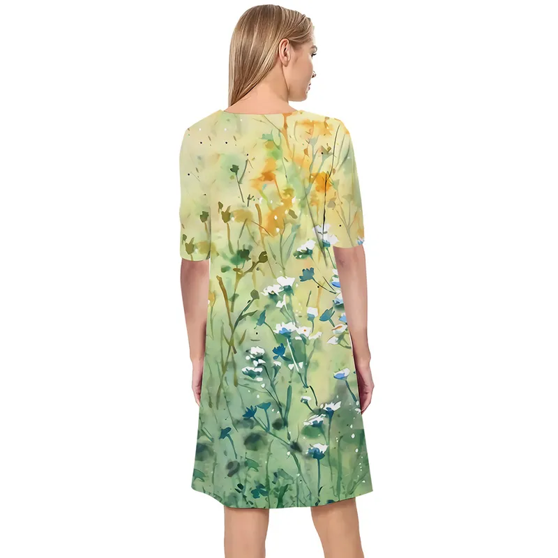 Женское платье с цветочным узором 3D-принтом с v-образным вырезом Свободное повседневное платье с короткими рукавами для женских платьев Желтая одежда 220616