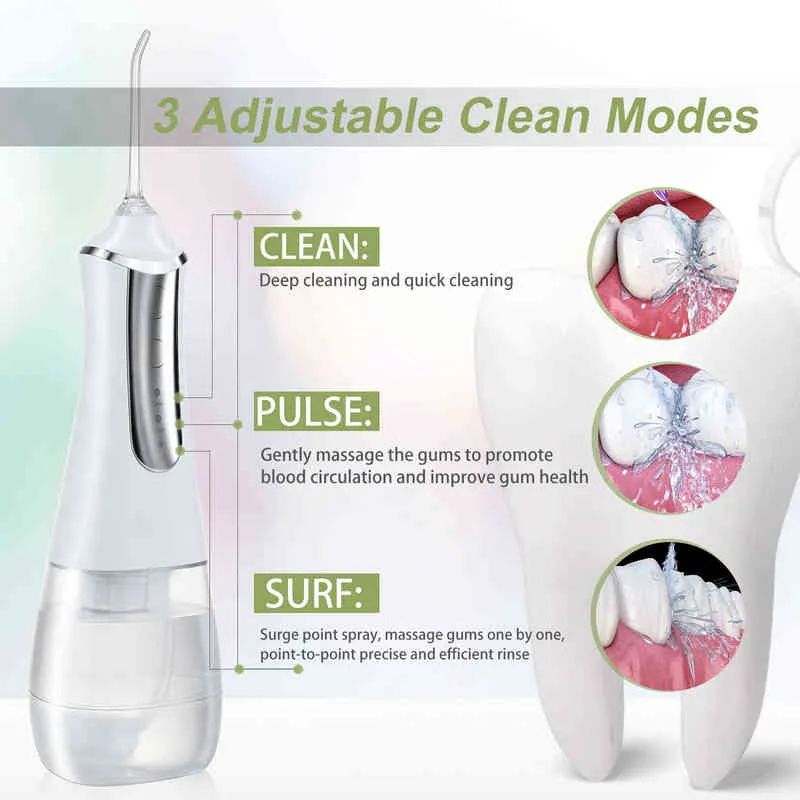 Irrigatore orale USB ricaricabile Water Flosser Portable Dental Jet 350ML Detergente denti a prova di serbatoio 220510